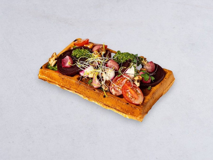 Veggie Caprese waffle with beetroot and mozzarella