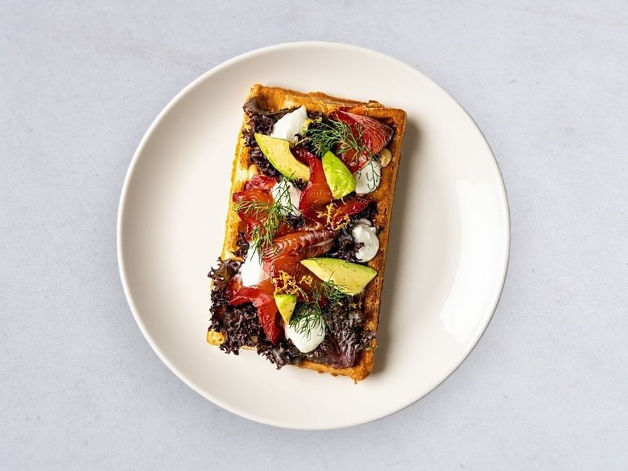 Waffle with cured salmon and labneh
